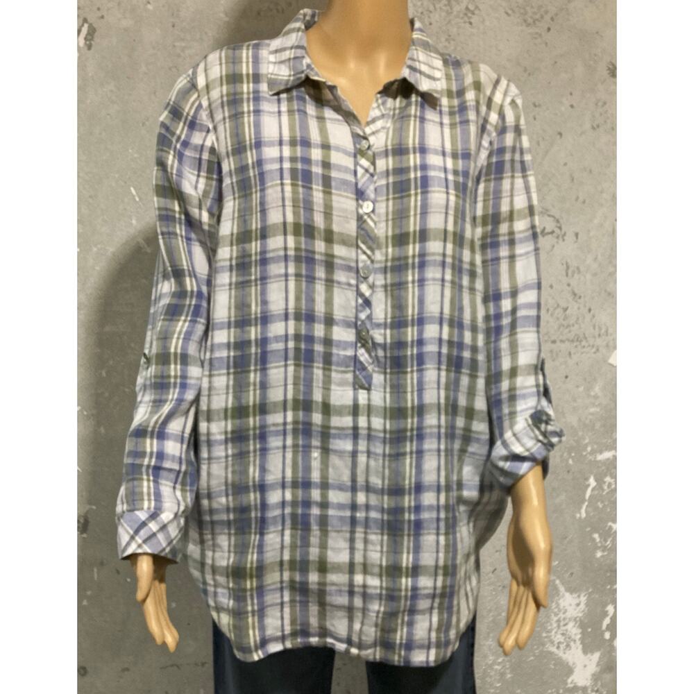 J. Jill Love Linen Plaid Popover Tunic Blouse Roll-Tab Sleeve
